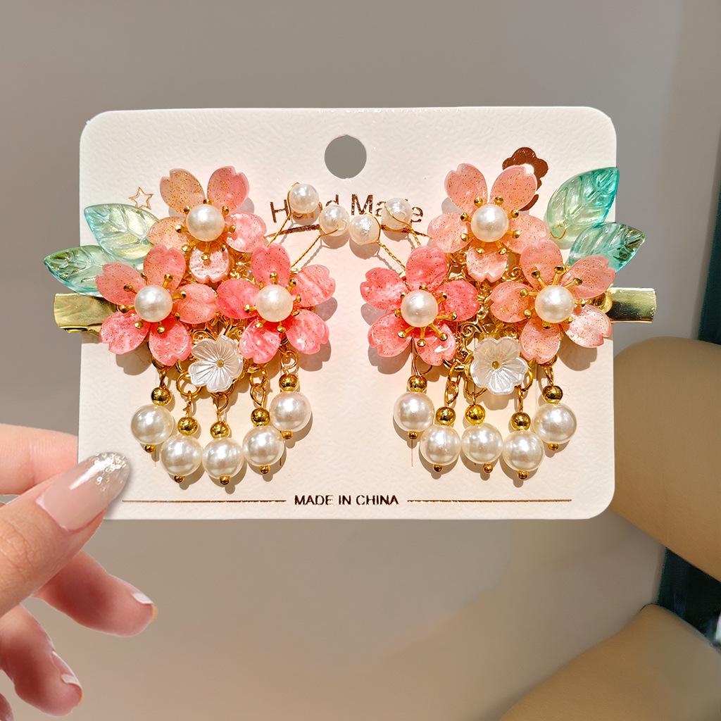 Children's Traditional Hanfu Headdress Hair Clips with Tassels - Handmade Pair for Girls