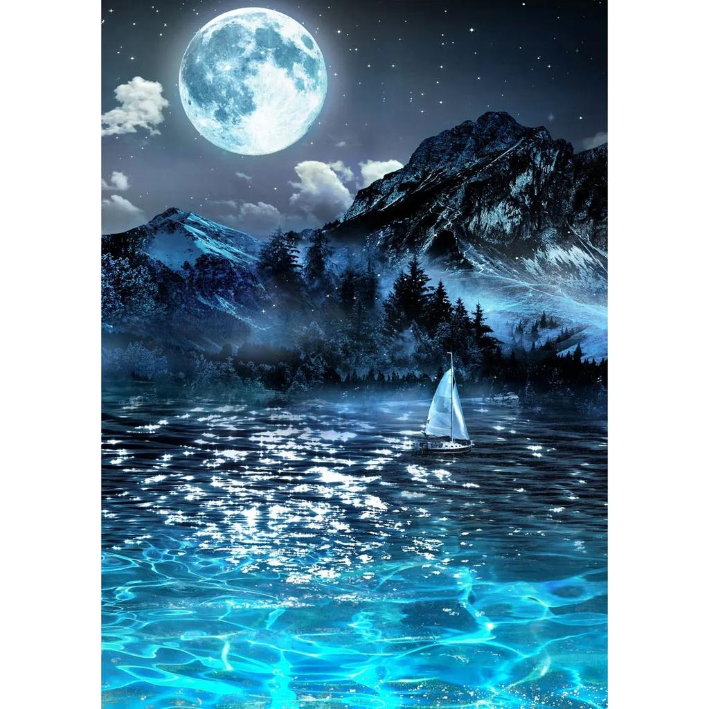 Żaglówka na jeziorze głęboka noc martwa natura wydruki na płótnie światło księżyca góra krajobraz naturalny plakat obrazy sztuka ścienna do domu