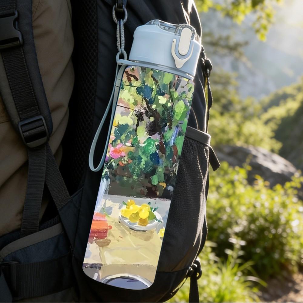 1PC Outdoor Table Picnic Garden Scene Illustration 750ml Color Plastic Sports Water Bottle Leakproof Flip Straw Lid Suitable for Sports Office Use