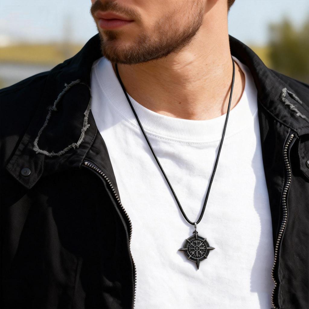 Vintage Noorse Viking Rune Kompas Hanger Ketting voor Mannen, Verstelbare Koord Ketting Roestvrij Staal Sieraden Afstuderen Gids Cadeau