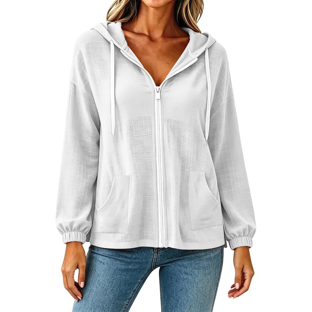 Women's Color Long Sleeve Hooded Zip-Up Jacket with Pockets for Casual Wear