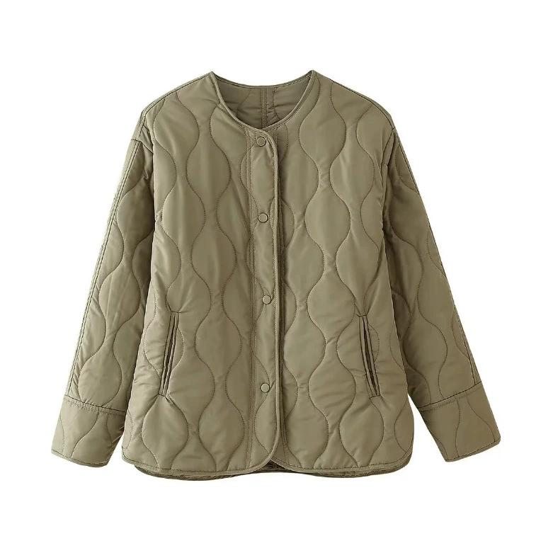 Winter Ladies Fashion Temperament Quilted Thread Decoration Simple Solid Color Round Neck Loose Cotton Long-sleeved Jacket