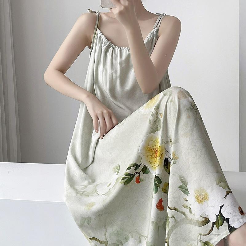 Cotton silk nightdress casual holiday wind gradual change color printing long dress loose suspenders summer dress pajamas
