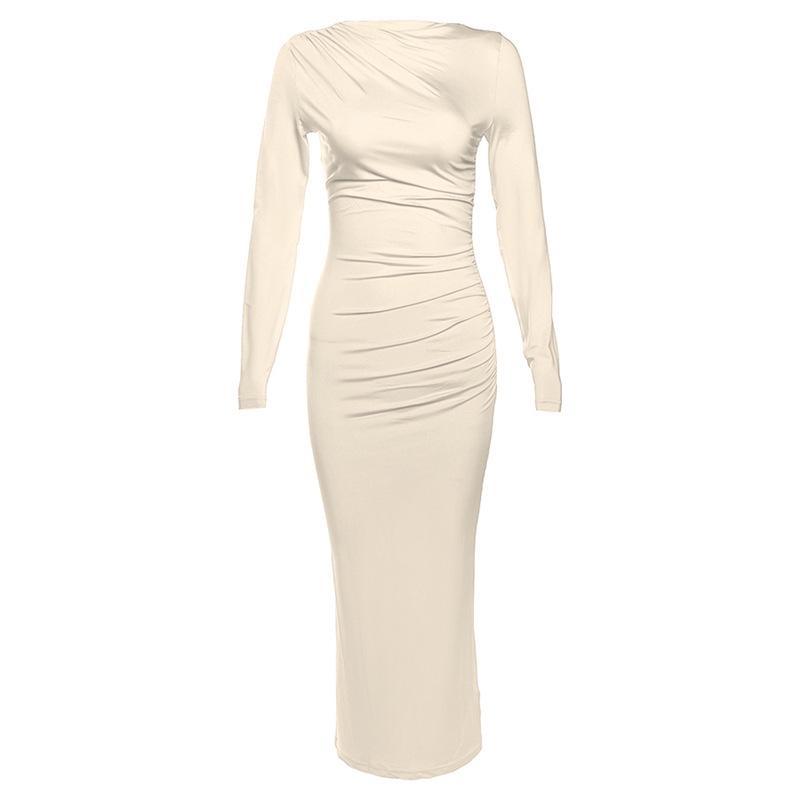 New Women's Round Neck Long Sleeved Bodycon Dresses Tight Casual Solid Color Wrap Long Dress Clothing