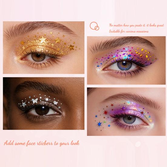 Metallic Eye Tattoo Stickers, Waterproof Temporary Freckle Decals, Sparkling Foil Eye Makeup for Festival Party, Glitter Face Art