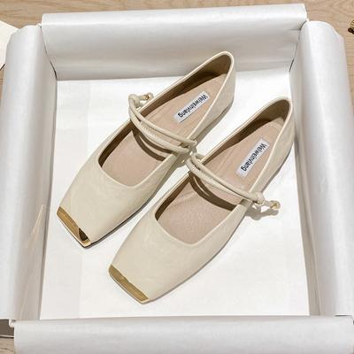 Square Toe Single Shoes Women Flat Bottom One Strap Mary Jane Shoes French Shallow Mouth Soybean Shoes Women