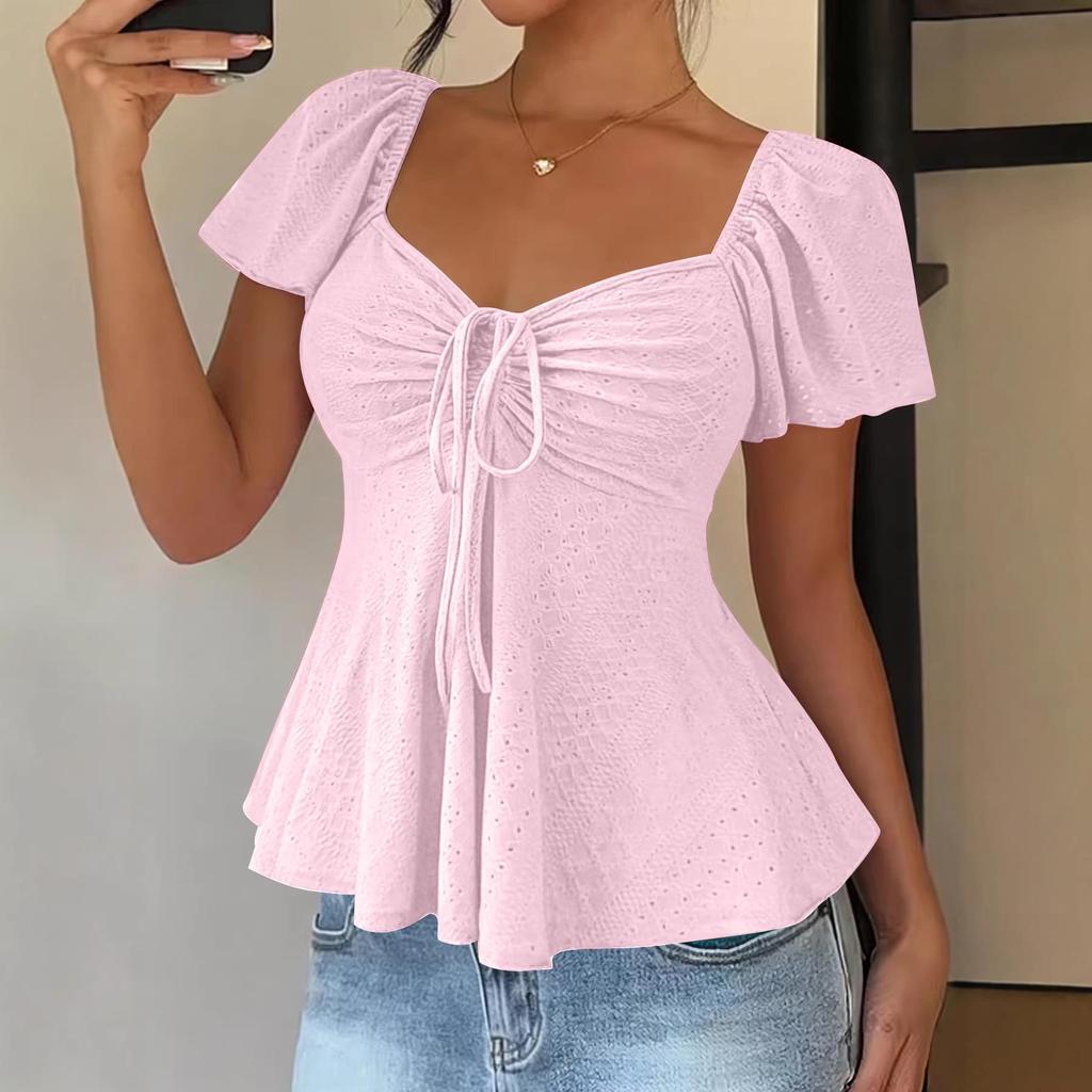 2026 Summer European & American V-Neck Drawstring Short-Sleeve Plain T-shirt for Women