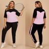Large Size Women's T-shirt Pants Suit Summer Color Contrast Round Neck Shirt Elastic Waist Pants Loose Casual Sports Suit