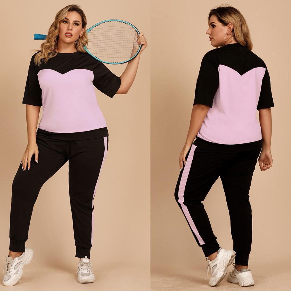 Large Size Women's T-shirt Pants Suit Summer Color Contrast Round Neck Shirt Elastic Waist Pants Loose Casual Sports Suit