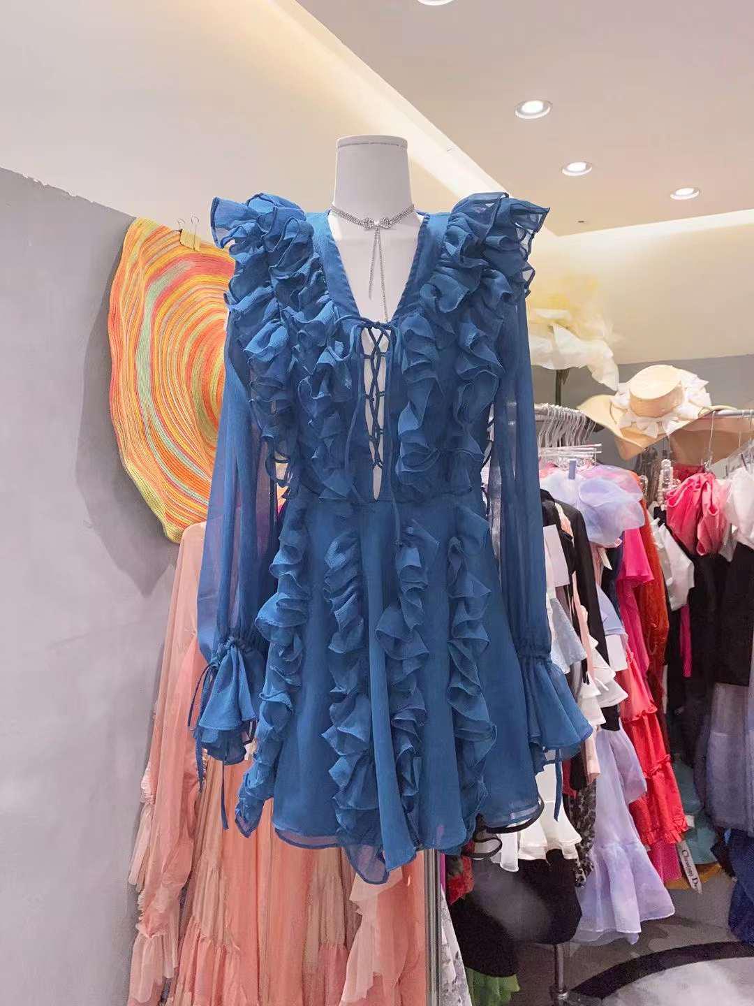 

Шисанхан 2024 Весна/Лето Милое Платье Феи с V-образным вырезом и оборками на талии Medium королевский синий