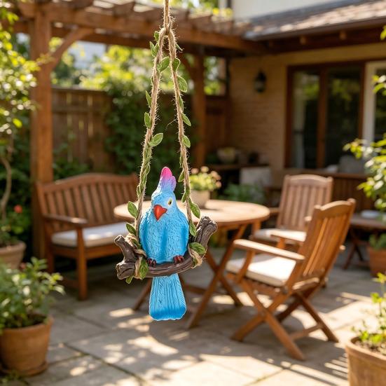 Hanging Parrot Garden Statue Resin Tropical Bird Swing Figurine Outdoor Animal Sculpture for Patio Lawn Garden Balcony Tree Decor