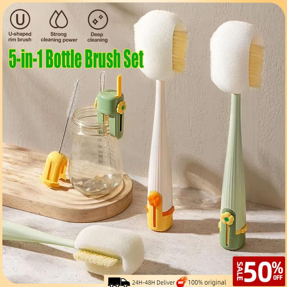5 in 1 Bottle Brush Set Multipurpose Cup Washing Tool - Long Handle Cleaning Brush for Water Bottle, Thermos, Milk Bottle, Straw and Cups