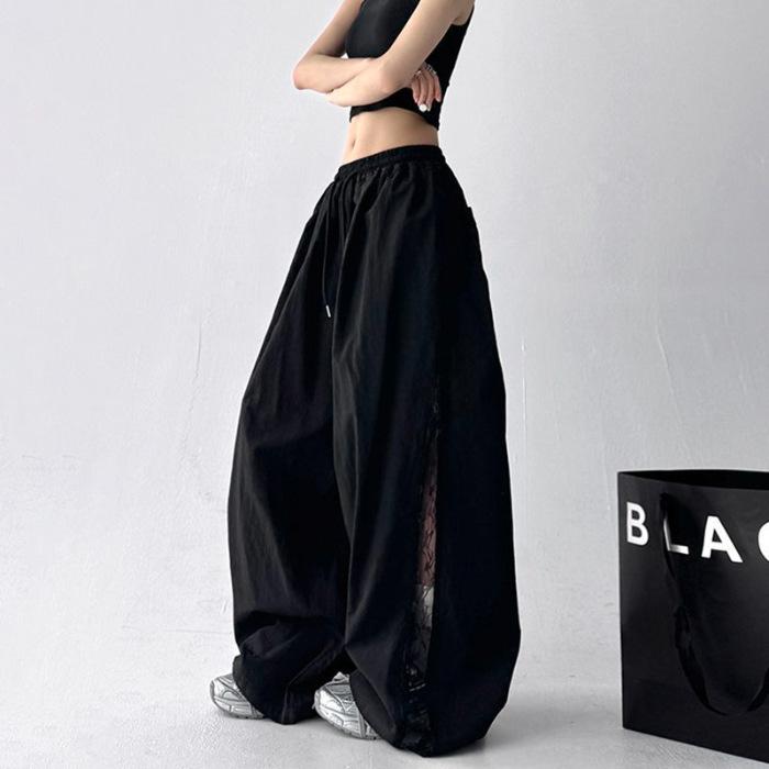 

Autumn and summer new wide-leg pants women s Korean version of fashion versatile high-waisted thin lace high-waisted casual pants S чёрный