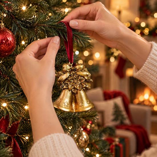 Resin Holiday Decoration Retro Golden Christmas Tree Ornament, Bell Wreath Horse Stocking Window Classic Ornaments Locomotive Pinecone Hanging Decor,