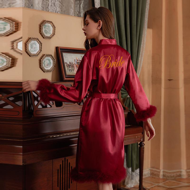 Bridal Feathered Satin Kimono Robe for Bridesmaids and Morning Prep