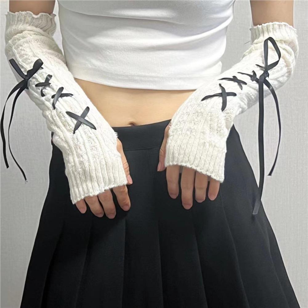 New Thicken Arm Sleeves Bowknot Solid Color Knitted Gloves Y2K Soft Arm Warmers Female