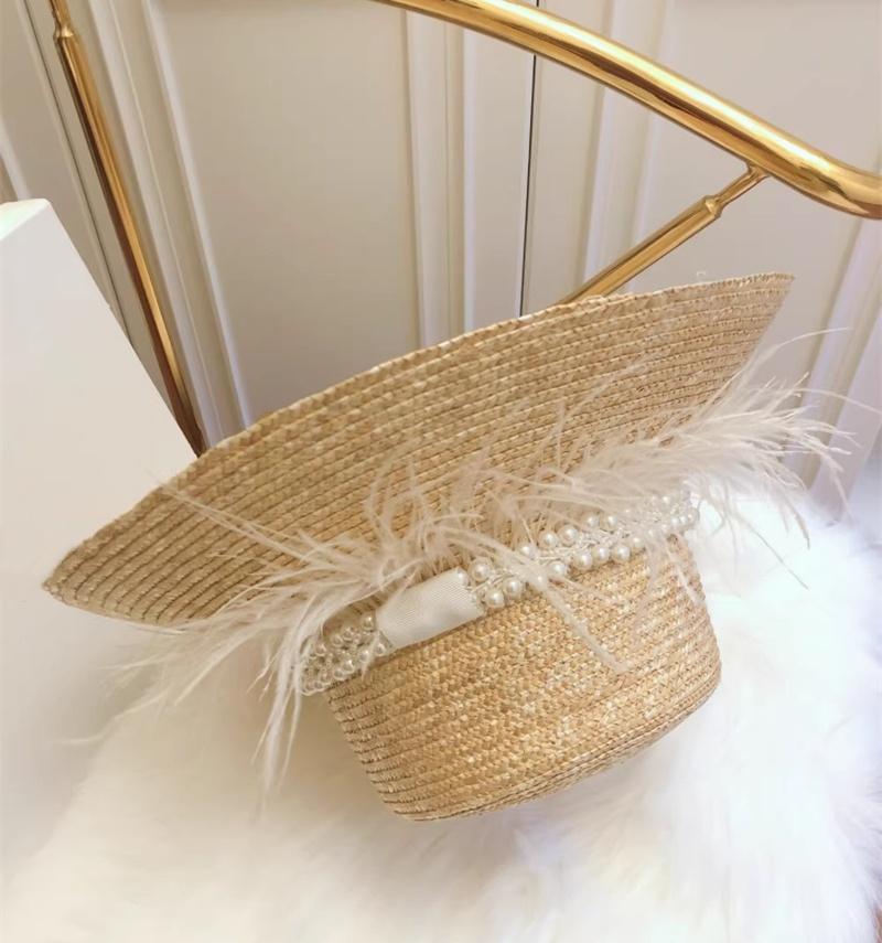 202601-nu Ins Chic Summer Handmade Straw Pearl Ribbon Feather Decoration Model Show Holiday Lady Beach Cap Leisure Sun Hat