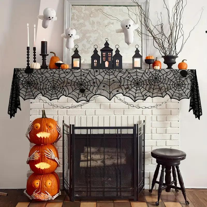 Black Lace Halloween Tablecloth SpiderWeb Table Runner for Dining Table Mantel Cover Party Decoration Haunted House Spooky Decor