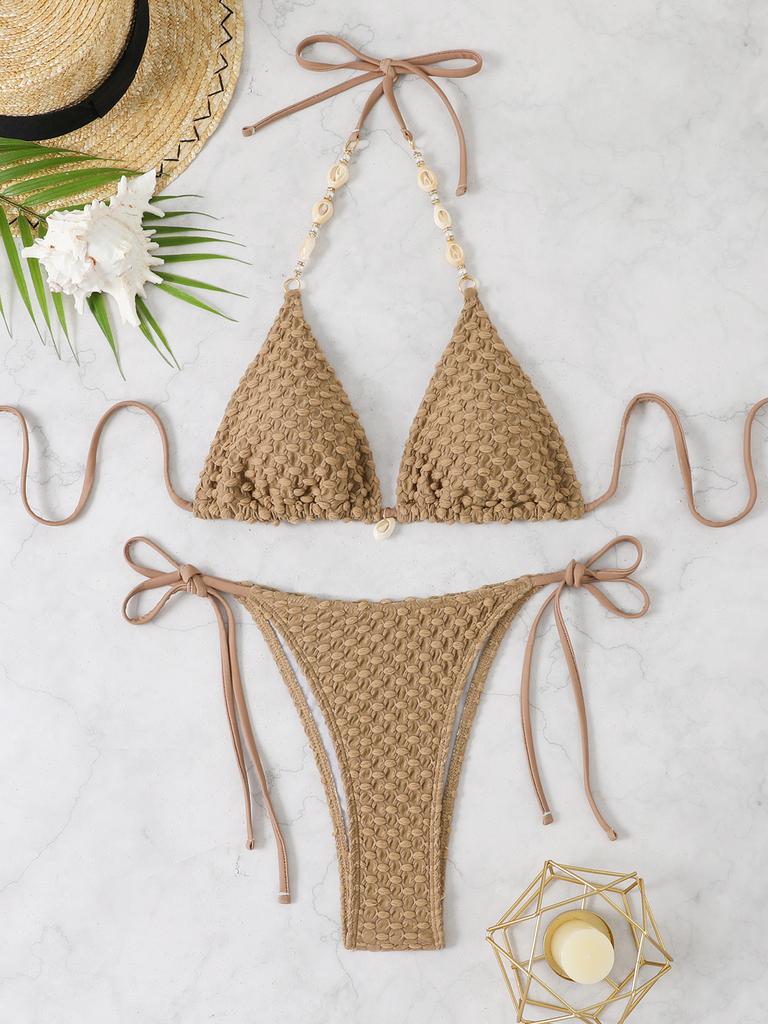 Two Piece Bikini Set Halter Neck Tie Shell Beaded Detail Crochet Texture Swimwear Beachwear for Women Summer Vacation