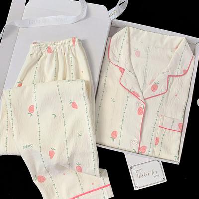Spring And Autumn Pajamas Simple Wind Cloud Cotton Long Sleeve Pants Strawberry Printed Homewear Set Real Shoot