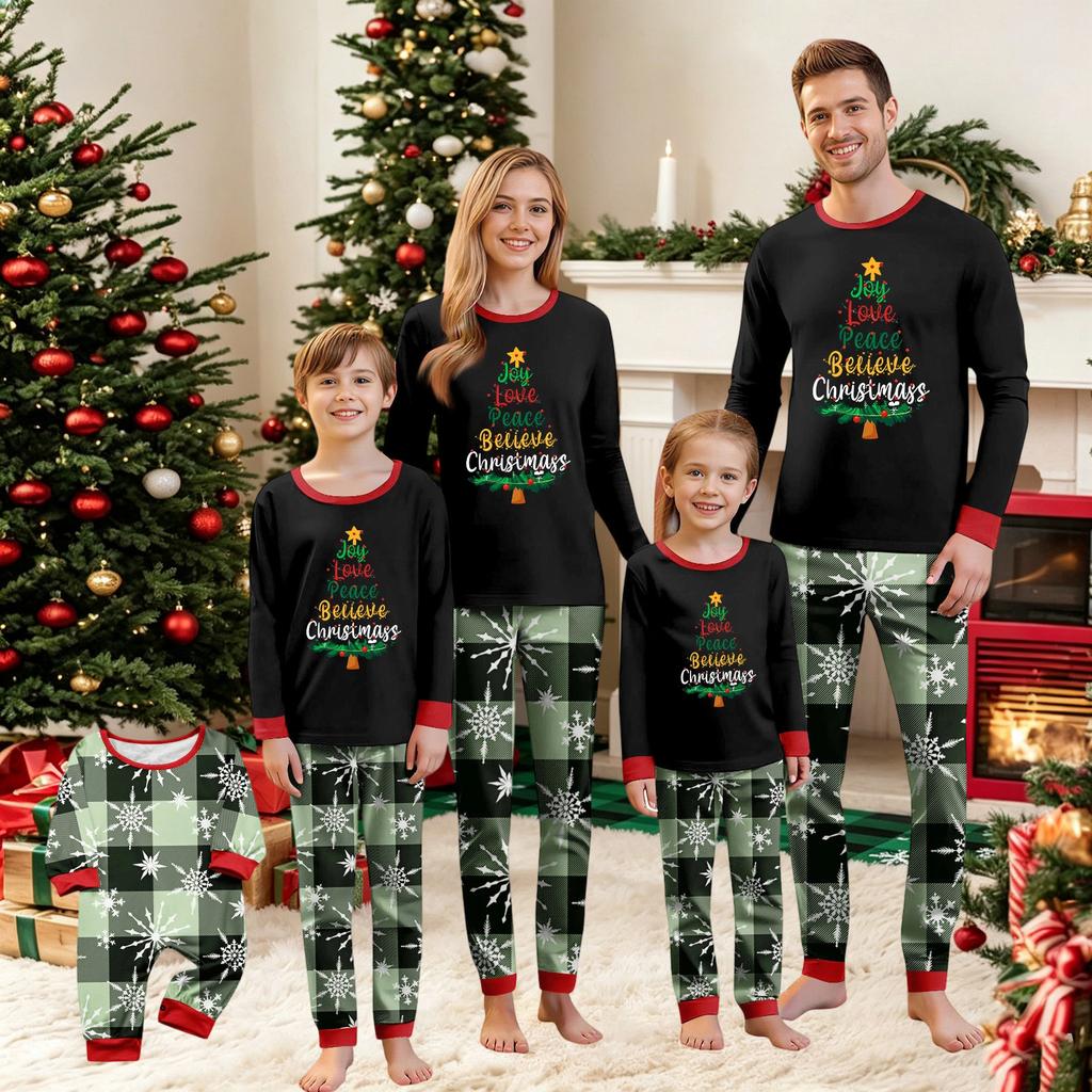 Christmas Print Round Neck Top and Plaid Pants Set for Women, Holiday Two Piece Outfit