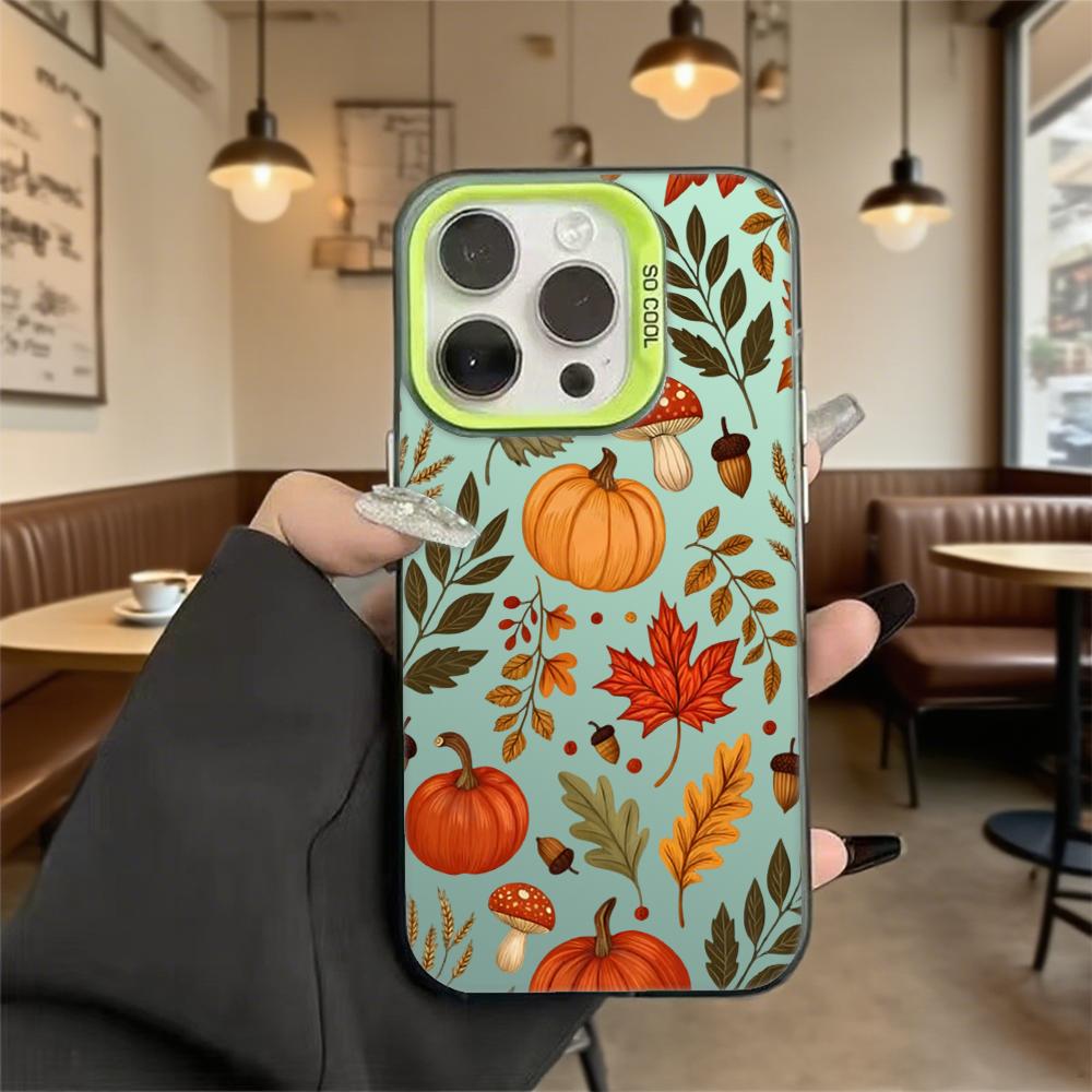Autumn Pattern Pumpkins Leaves Hard Phone Case for Iphone 16 15 14 13 12 11Pro Max Mini Shockproof Anti-Scratch Protective Cover