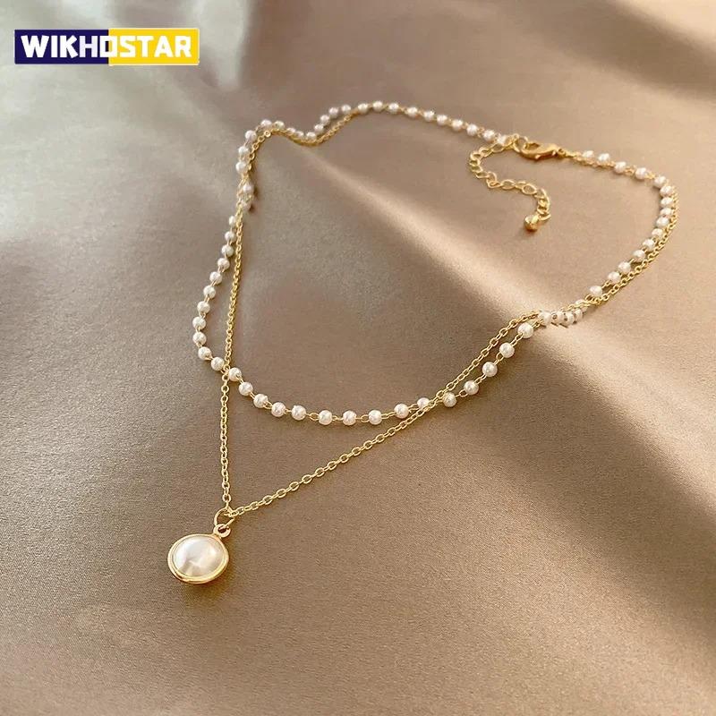 2025 New Women's Pearl Necklace Kpop Gold Color Beads Pendant Necklaces Goth Double Layer Chain Choker for Women Fashion Jewelry