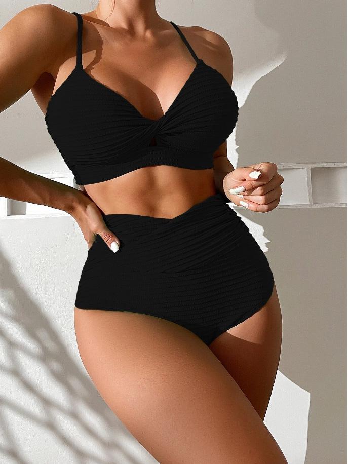 2026 European & American Solid Color High Waist Split Bikini Swimsuit