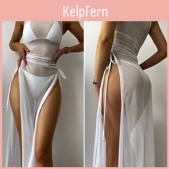 Oneck Shirring Split High Side Cover Up Dress Women Mesh Transparent