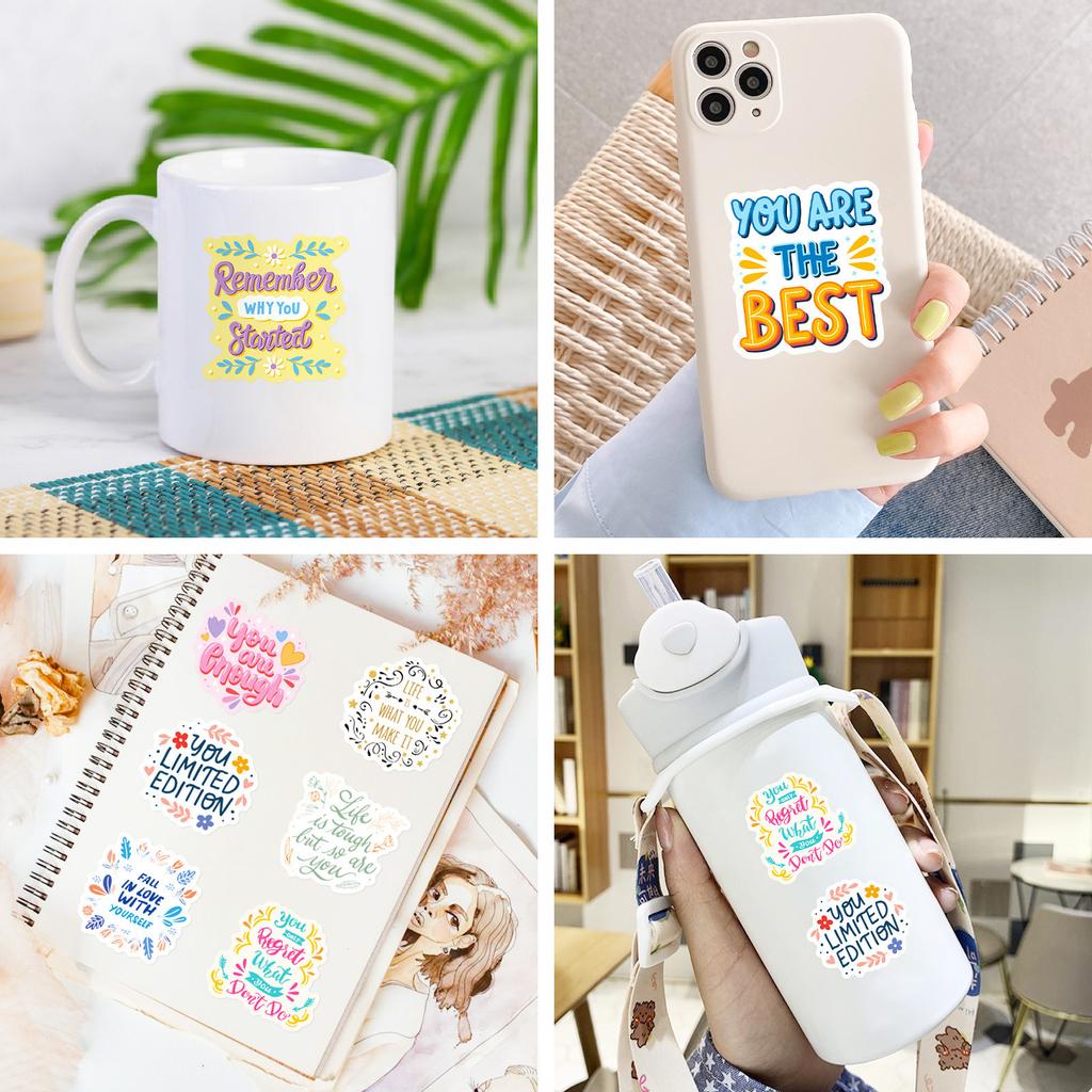 50 Stickers Pink Inspirational Text English Phrases Water Cup Notebook Stickers Waterproof Stickers