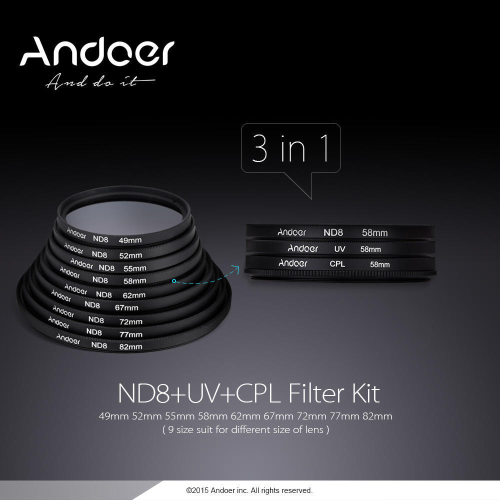 Andoer 52mm UV+CPL+ND8 Kit de filtro circular Filtro polarizador circular ND8 Filtro de densidade neutra