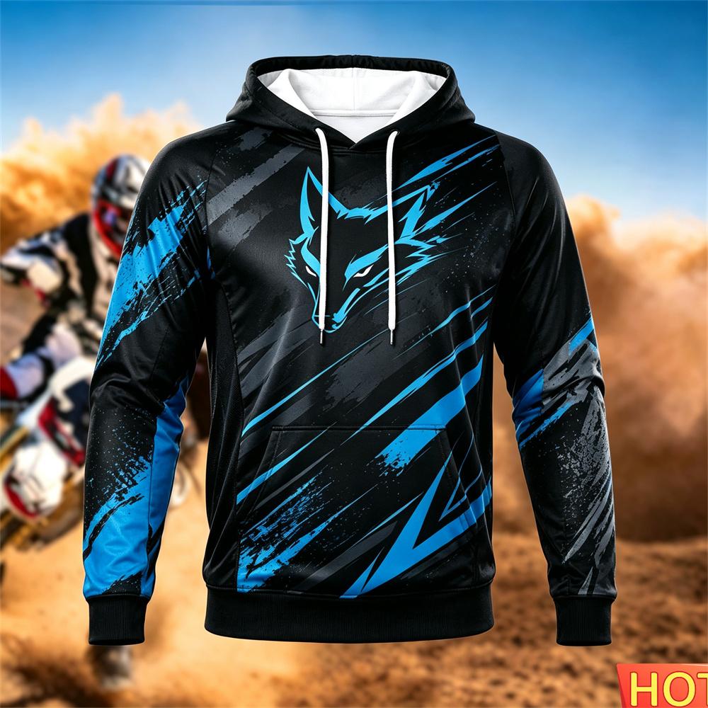 Autumn/Winter Men's Racing Hoodie Outdoor Cycling Hooded Pullover Fox Pattern Pocket Hoodie Sports Motorcycle Hooded SweatshirtsUnisex Woman's