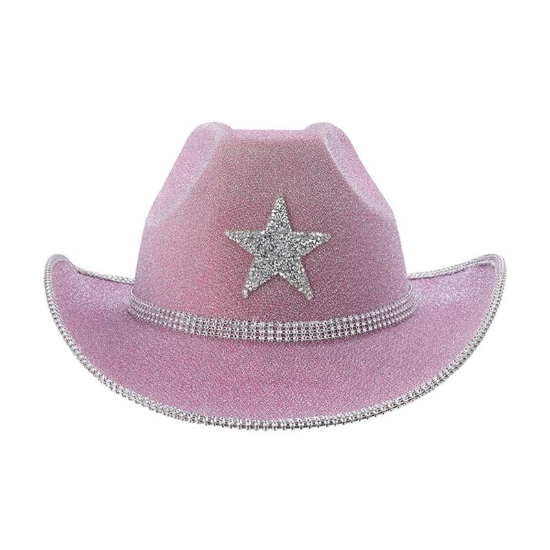 Elegant Cowboy Hat for Music Festival Adult Unisex Party Cowgirl Hat Glittering Powder Panamas Hat Cool Costume Headwear