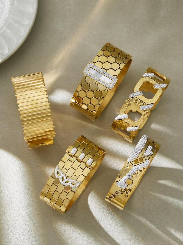 18K Gold Plated Honeycomb Pattern Stainless Steel Wide Bracelet with Zirconia Inlaid - European & American Fashion.