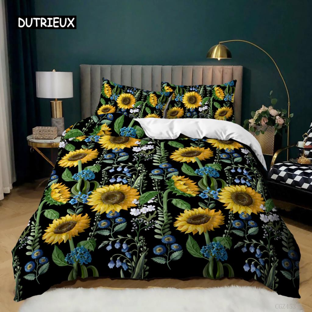 Sunflower Duvet Cover Set King Queen Size Girly Yellow Floral Print Comforter Cover Microfiber Flowers Pattern Twin Bedding Set