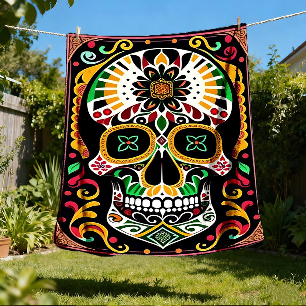 1pc Sugar Skull Artwork Print Outdoor Blanket, Lightweight Polyester, 80x120cm