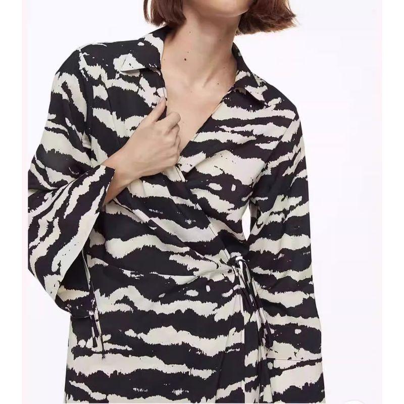

Foreign Trade H Home Autumn New Exquisite Print Retro Temperament Lapel Long sleeve Strap Solid Wrap Dress Black White XS