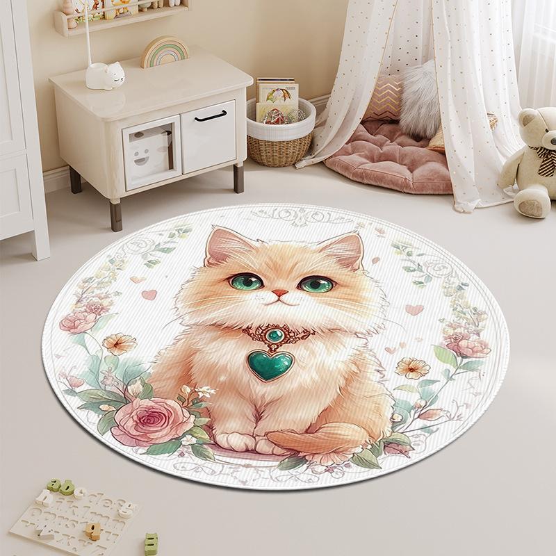 Round Carpet Bedroom Stain-resistant Cartoon Cat Bedside Children's Rug Floor Mat Living Room Washable Thickened Coffee Table Mat