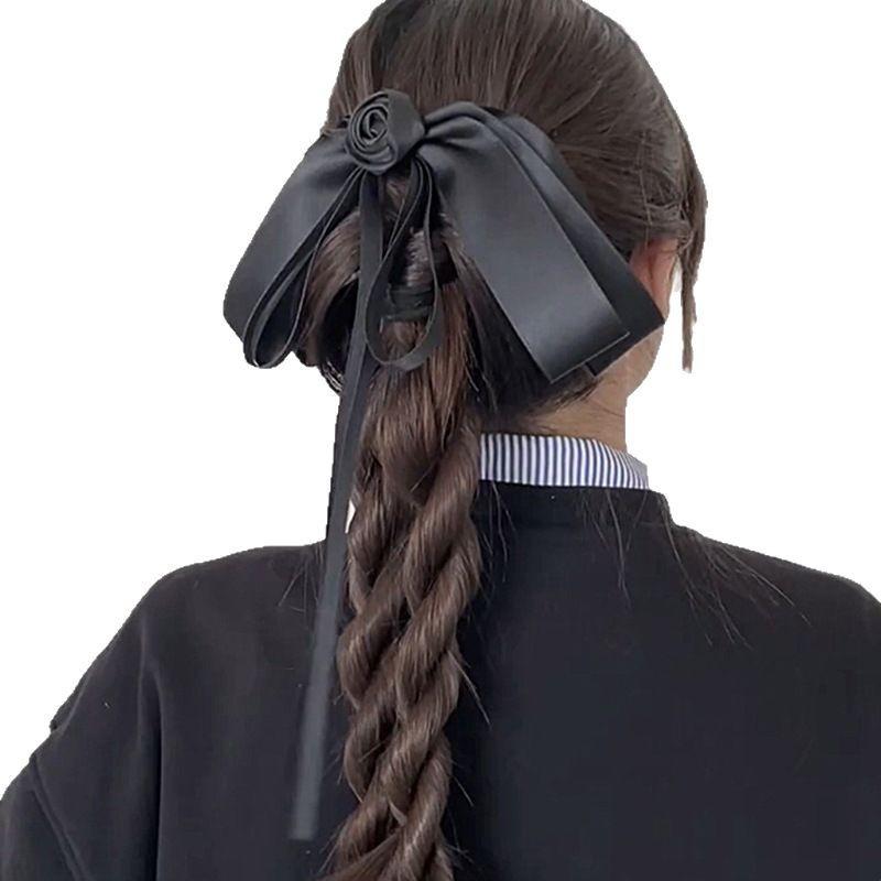 Black Camellia Bow Ribbon Hairpin French Hair Clip Women Girly High-End Elegant Hair Up Top Clip Mourning Funeral Hair Accessory