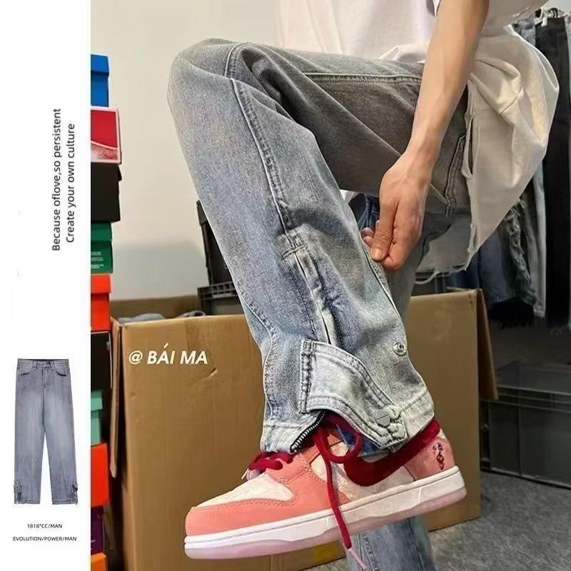 Мужские прямые джинсы JYL Осень Боковая молния Уличный модный дизайн Джинсовые брюки S бездна