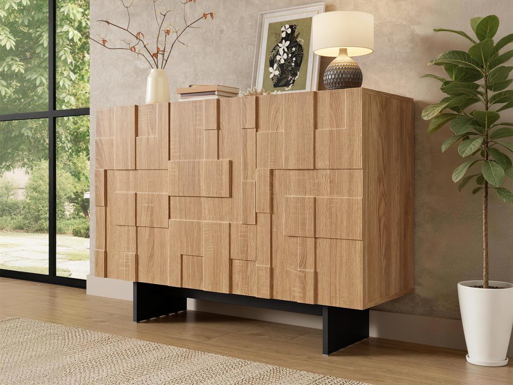Credenza Moderna Francese con Frontale Strutturato Geometrico, 3 Ante e Ripiani Regolabili, Aspetto Legno Naturale + Nero, 105 × 33.5 × 76 cm.