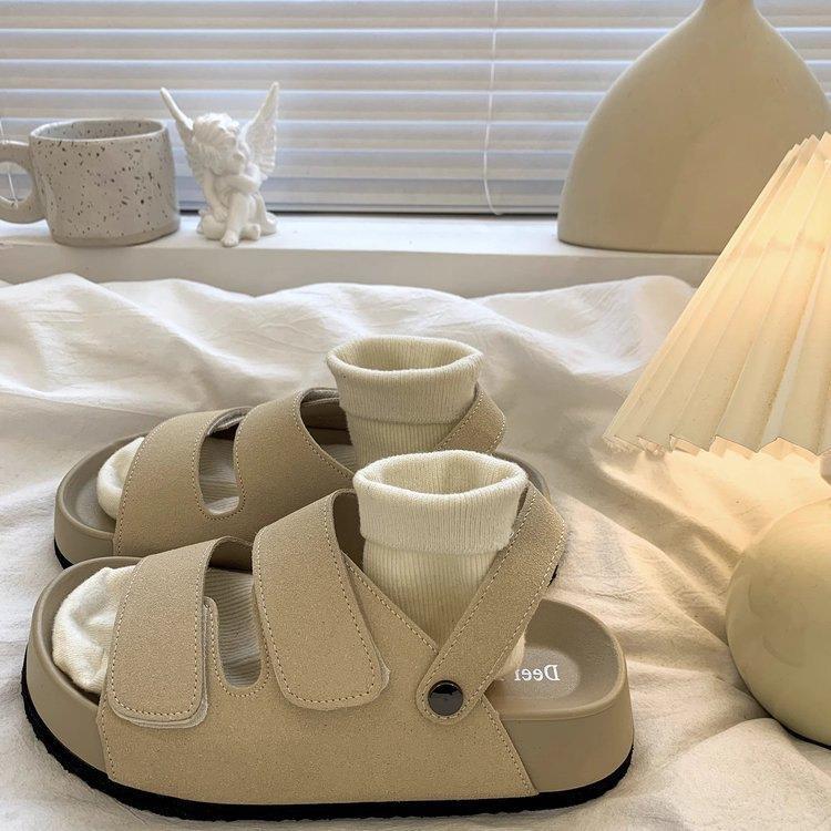 

Wear Mori shoes outside women s summer new retro casual platform slippers Velcro two sandals 35 бежевий