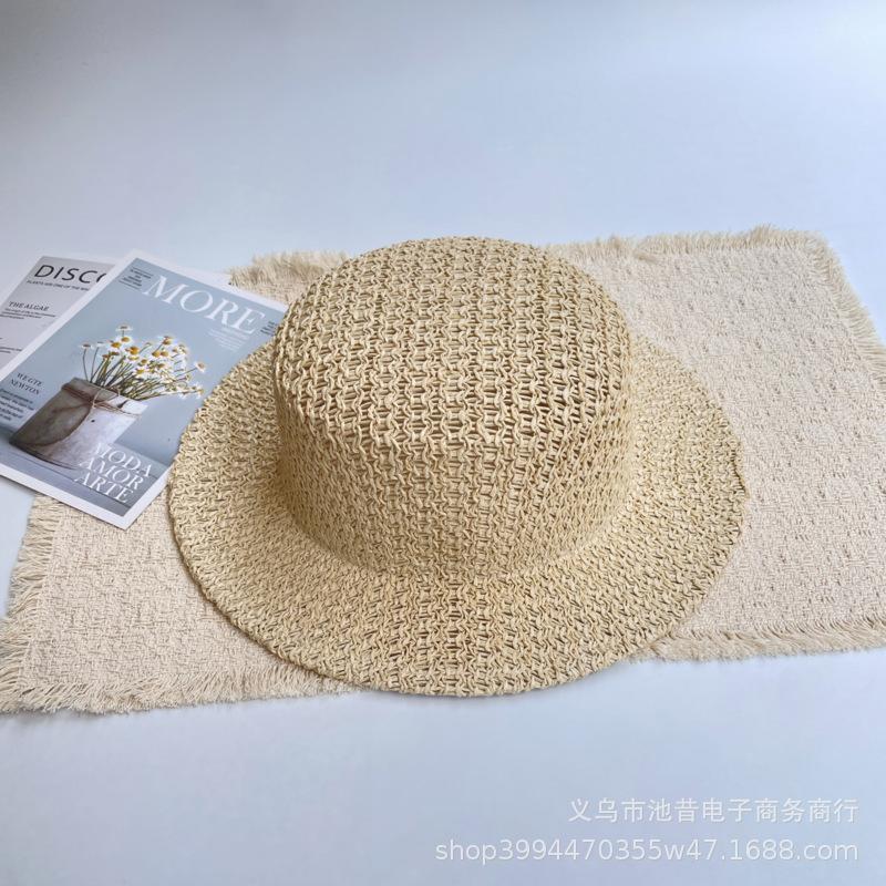 Old Money Style Fashion Hollow Woven Flat Top Straw Hat Women's Fashion Summer Beach Vacation Sun Protection Shade Sun Hat Men
