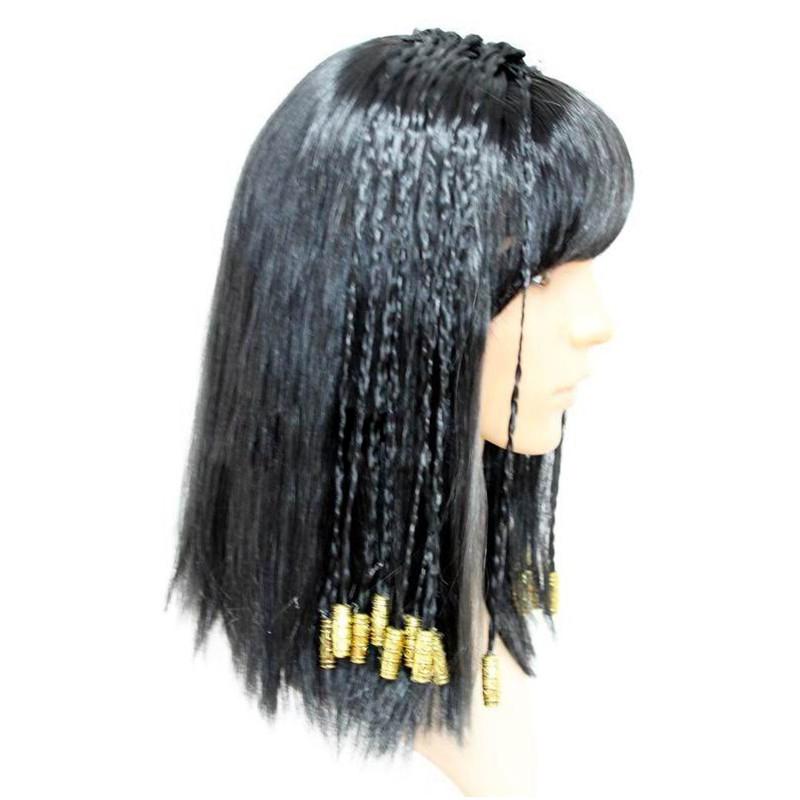 Kleopatra Perücke Damen Ägypten Königin Schwarzes Haar Goldene Perlen Cleopatra Accessoire Kopfschmuck Tanz Halloween Party Rollenspiel Cosplay Perücken
