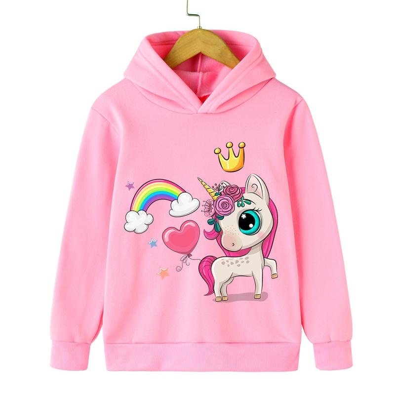 

Новые модные толстовки с капюшоном, милые с принтом радужной короны и единорога, для мальчиков и девочек, пуловер с длинным рукавом, мультяшная аниме толстовка с единорогом 110