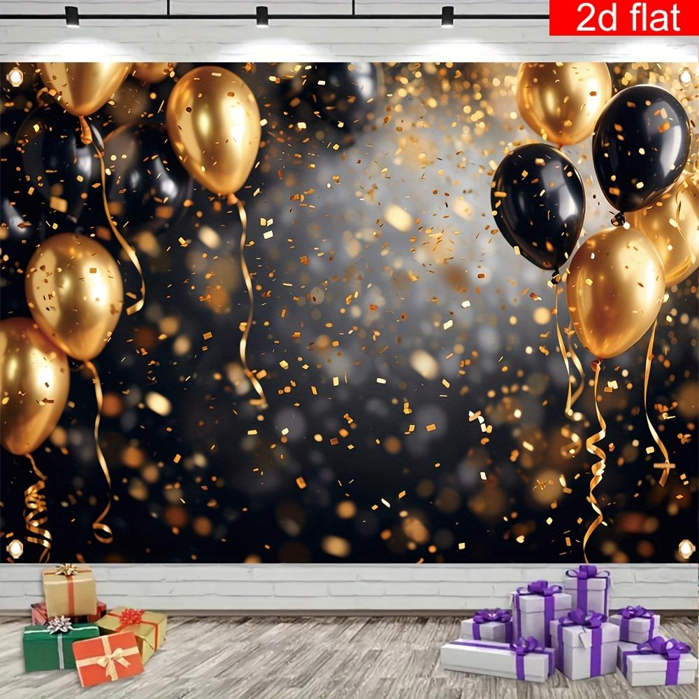 2D flat banner 1 piece. Birthday Happy banner. Dreamy black and gold ribbon pattern background fabric polyester. 100x150cm