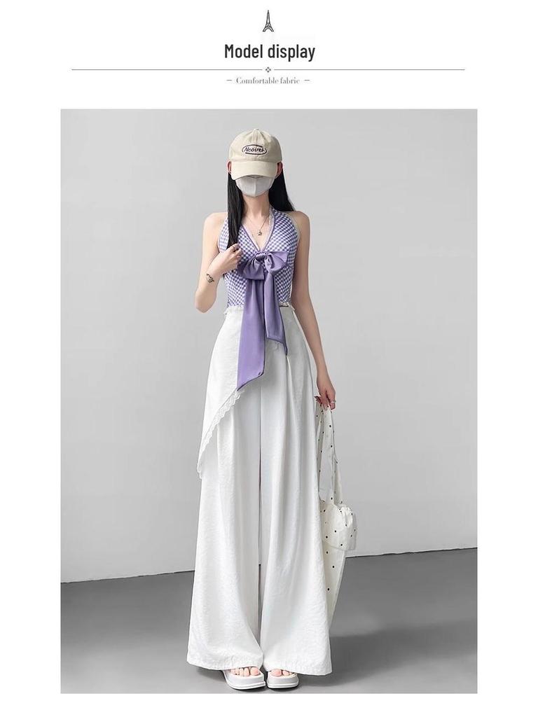 Women's White Lace Two-Piece Wide-Leg Pants with Crotch Cover - High-Waisted, Slimming, Draping, Floor-Length for Summer