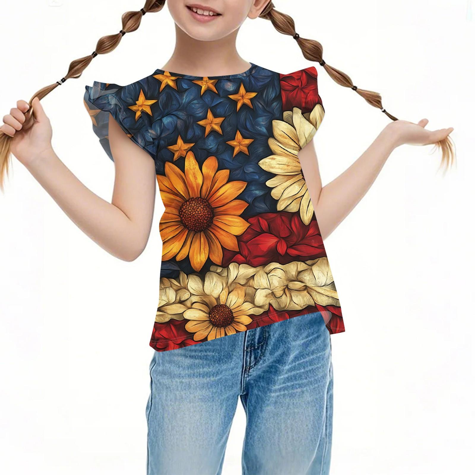 

Children s Casual Short-Sleeved Pleated Cute Independence Day Printed Round-Neck Top 110 шафрановый