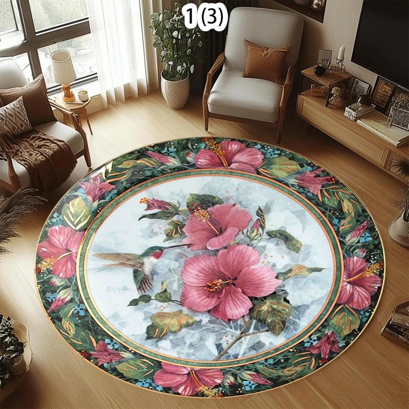 

Vintage Floral Circular Area Rug Carpet Mat Rug Home Decoration Rose Hummingbird Pattern Non Slip Floor Rug for Living Room 80cm x 80cm
