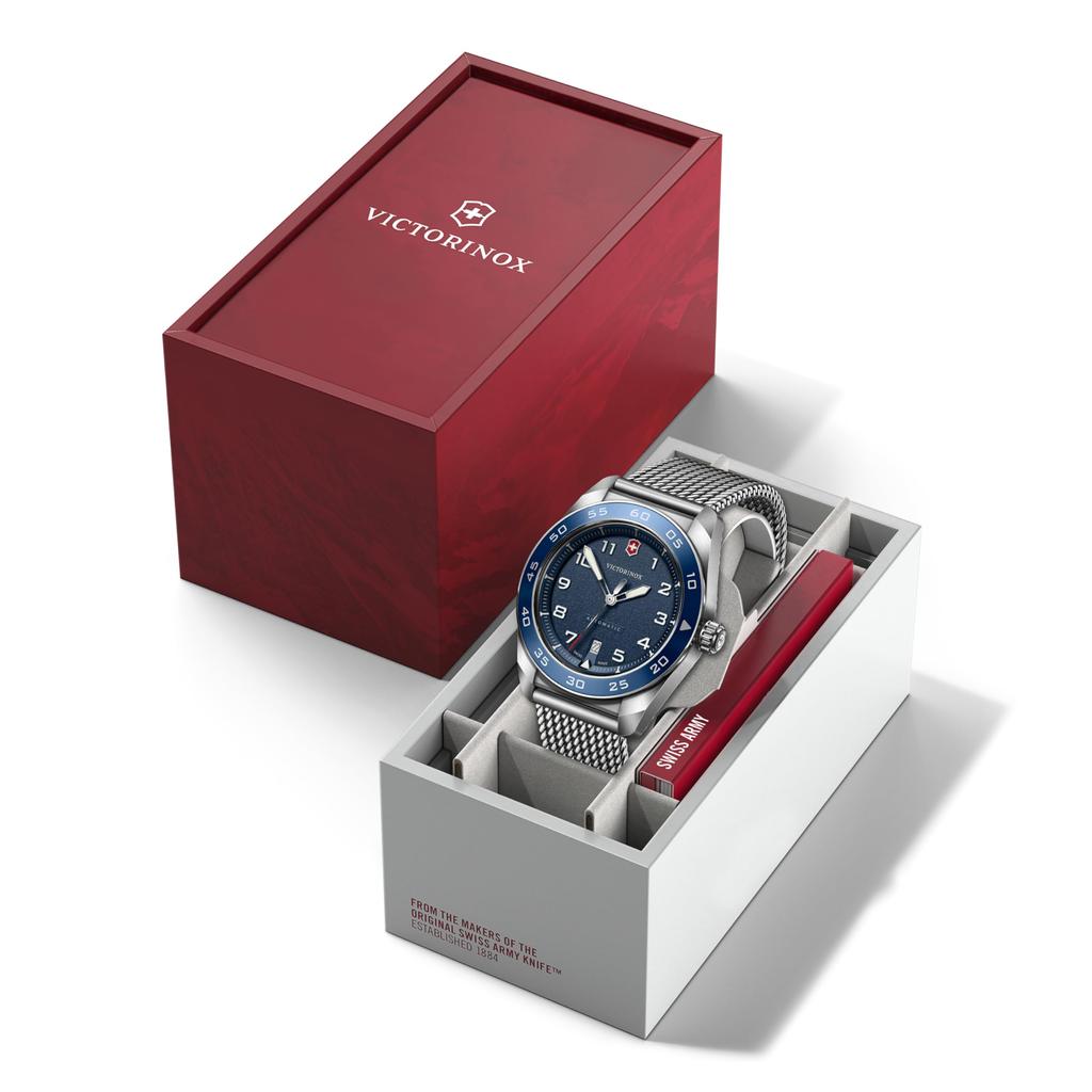 Victorinox SWISS ARMY Watch Analog Waterproof Automatic Blue Dial Mesh Bracelet Stainless Steel Case Strap Replacement 5 Year Warranty Brand Gift Blue